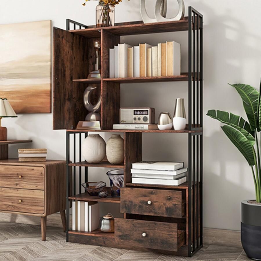 Learnlogic Boekenkast 6 planken boekenkast met deuren en laden van de vloer tot het plafond boekenkast industri毛le boekenkast staalboekenkast antiek bruin