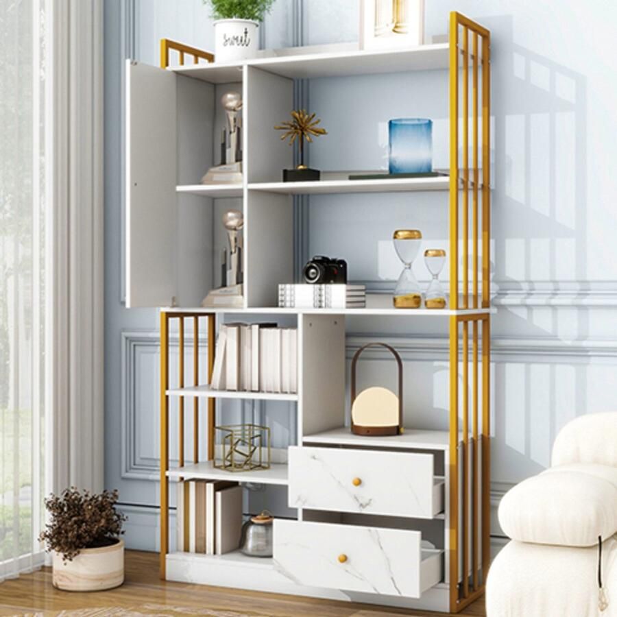 Learnlogic Boekenkast 6 planken verticale planken met deuren en laden Industri毛le planken staalplanken wit marmerachtig met gouden rand