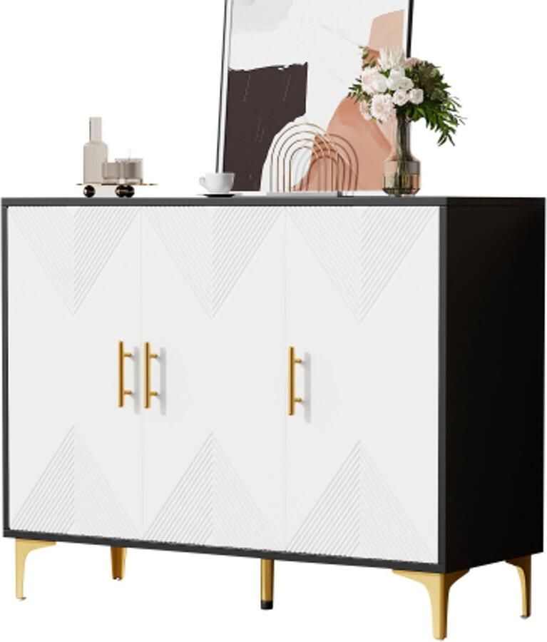 Learnlogic Boheemse dressoir met witte gestreepte deuren gouden handgrepen en gouden benen dressoir met deuren om te openen en gesloten geschikt voor slaapkamers woonkamer en eetkamer