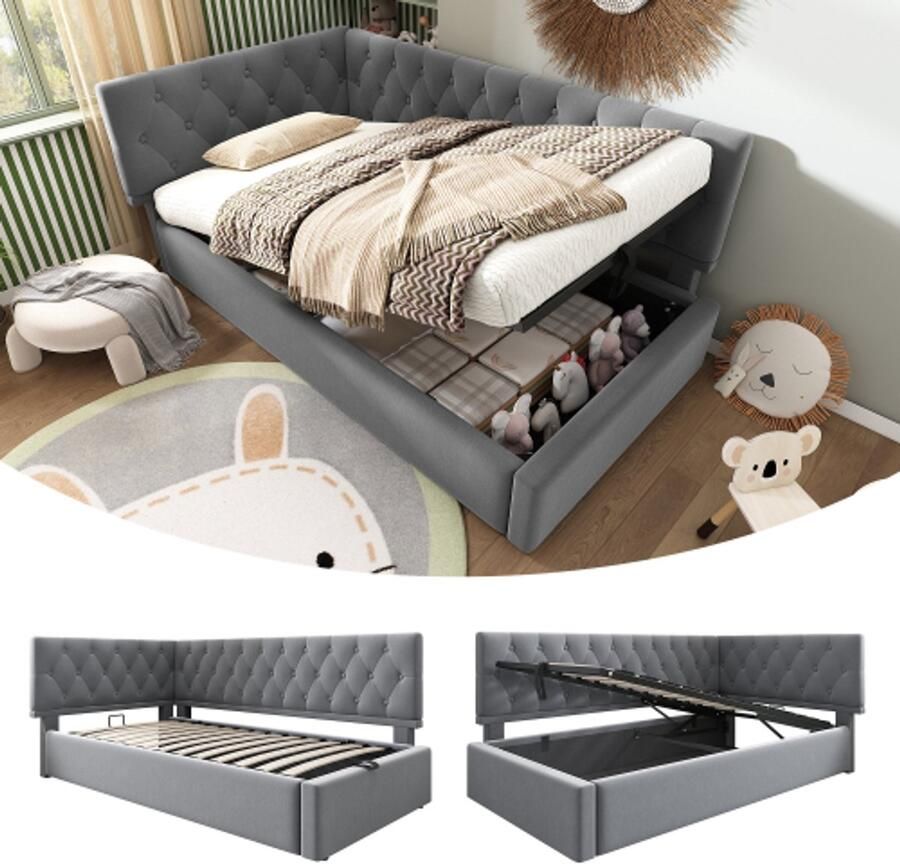 Learnlogic dagbed polsterbed 90x200 cm slaapsofa met hydraulische opbergruimte kinderbed jeugdbed bedgestel met latmatras van hout fluweel grijs zonder matras