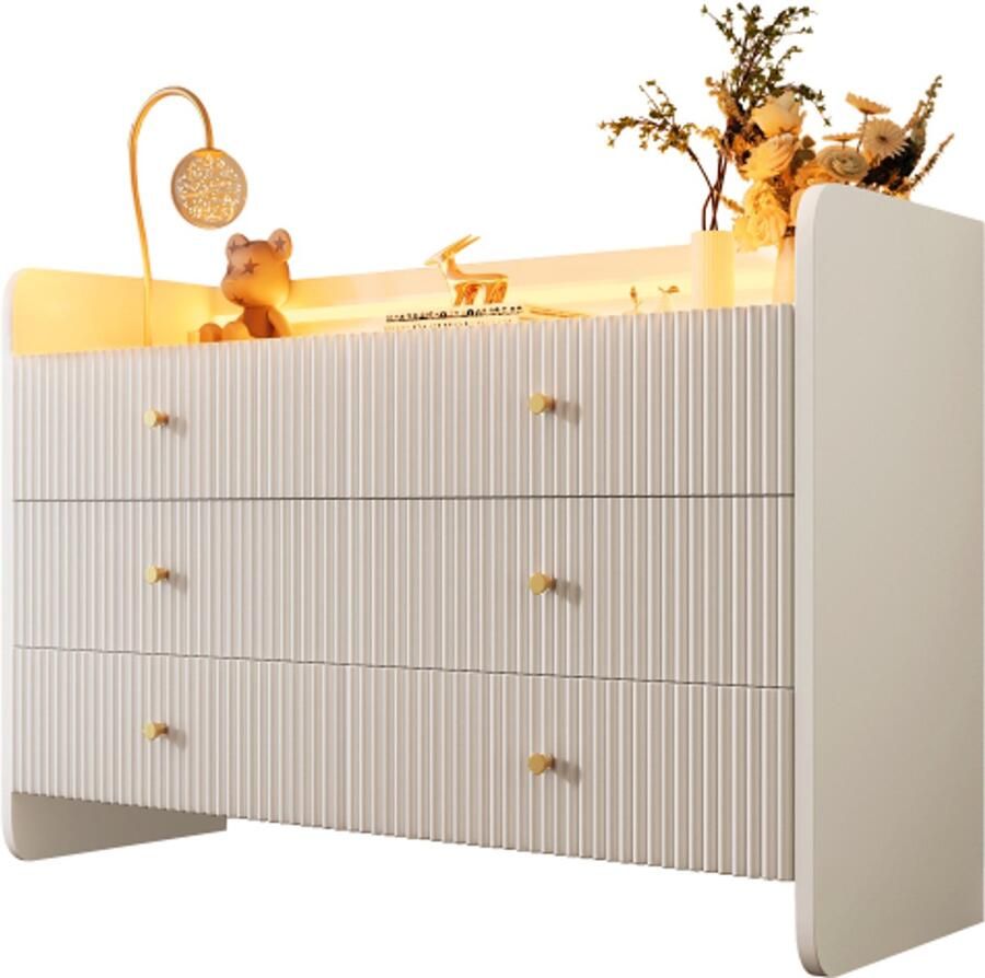 Learnlogic Dressoir ladekast met LED-verlichting en 6 laden golfvormig grillontwerp moderne kast voor woonkamer en slaapkamer 120x40x75cm wit