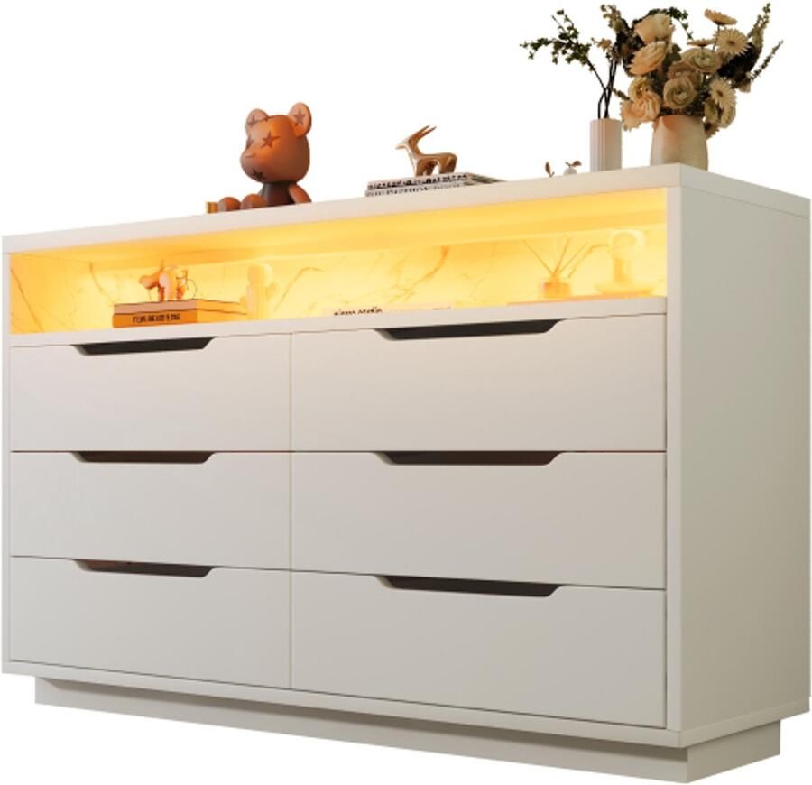 Learnlogic Dressoir ladekast met LED -verlichting en 6 laden opslagcompartiment met marmer ma茂s moderne kast voor woonkamer en slaapkamer 120x40x85cm wit