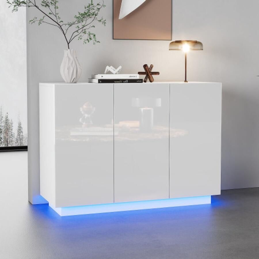 Learnlogic Eetkast High Gloss Open en gesloten wit dressoir basis LED -licht ladenkast Foyer Cabinet 120*40*75cm