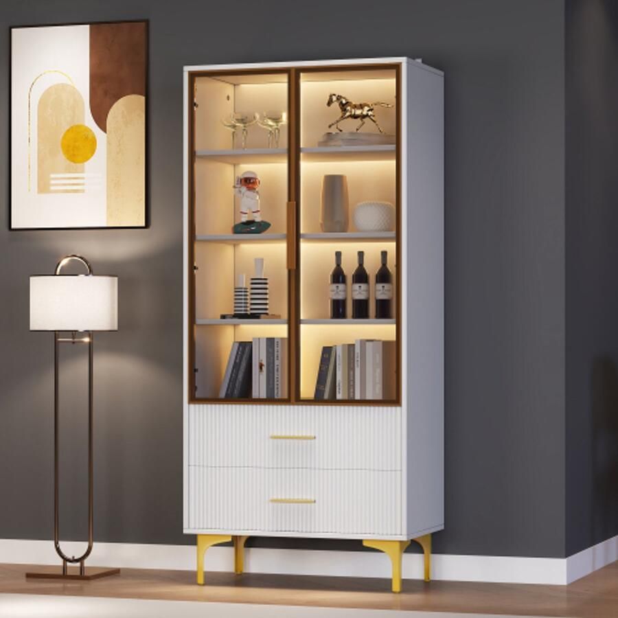 Learnlogic Elegante glasvitrine met twee deuren 7035150cm Glasdeuren gouden poten beweegbare schuifplaten Vitrine met LED-licht kast glasvitrine hoogkast standvitrine