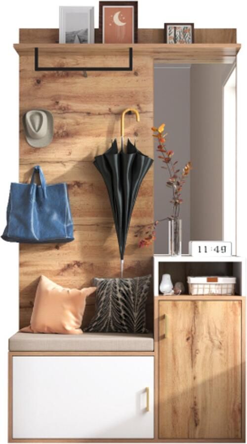 Learnlogic Elegante witte en houtkleurige garderobe met spiegel schoenkast muurgarderobe bank en kledinghaak (geen uit één stuk vereist boren en ponsen in de muur)