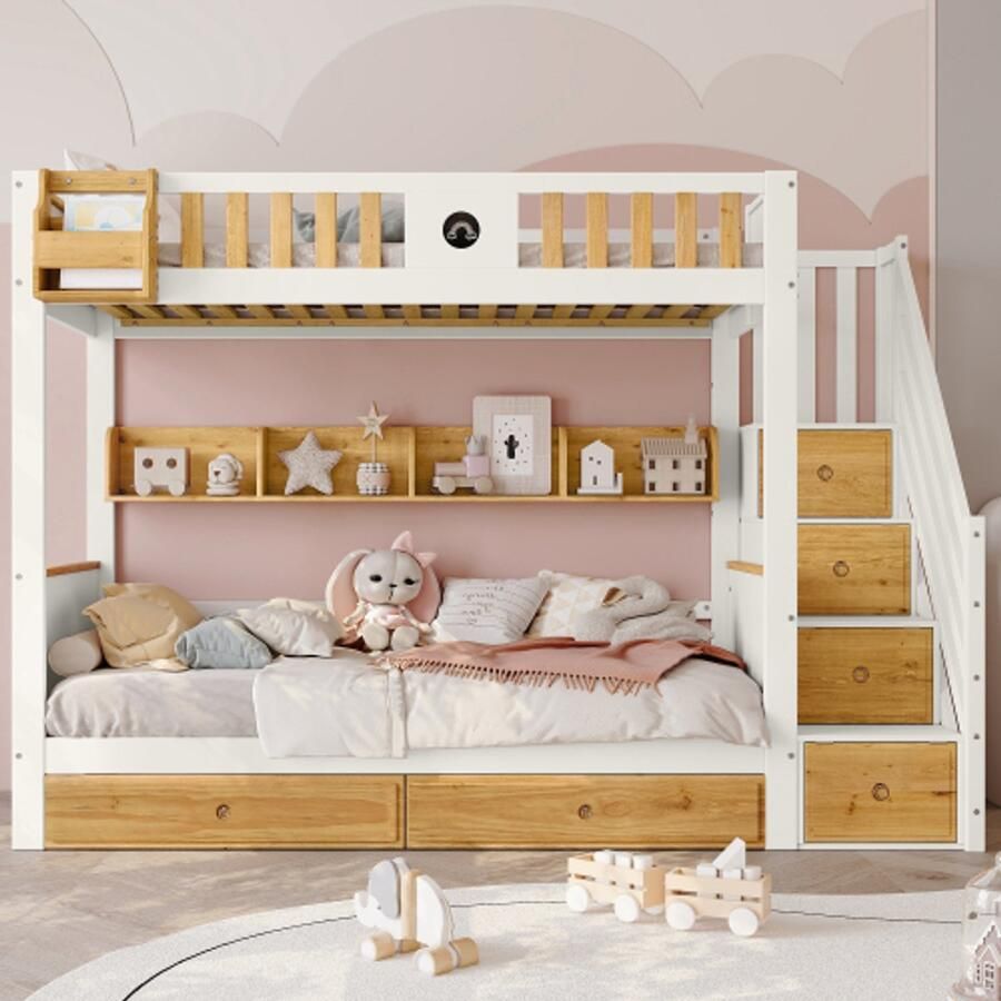 Learnlogic etagebed ruime opbergruimte frame van dennenholen en MDF kinderbed met 4 sluitende vakken in trap valbeschermingshek en 2 laden open rek wit + natuur 90x200cm