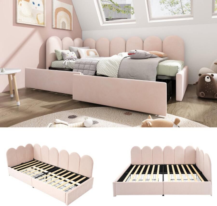 Learnlogic Gestoffeerd bed eenpersoonsbed met lades opbergbed fluwelen slaapbank 90x190cm met lattenbodem jeugdbed en volwassen kinderbed roze (zonder matras)