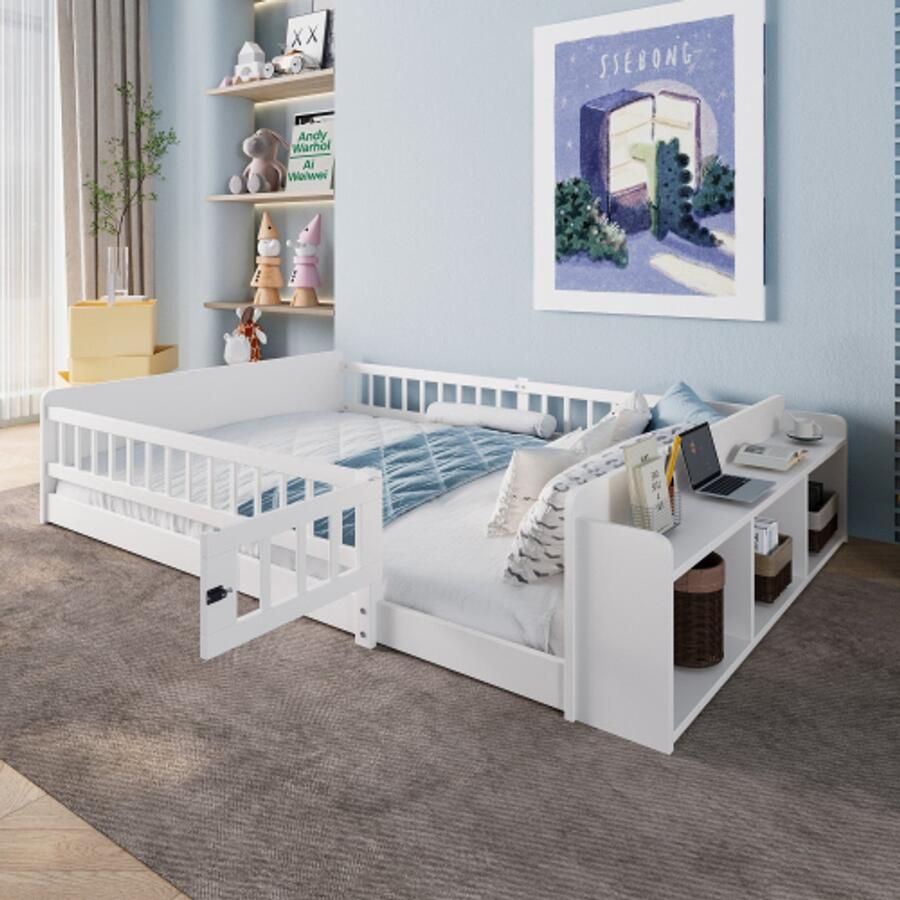 Learnlogic houten bed kinderbed 90x200 cm dennenholen open opbergruimte inlegplaten openbaar geval zonder matras wit