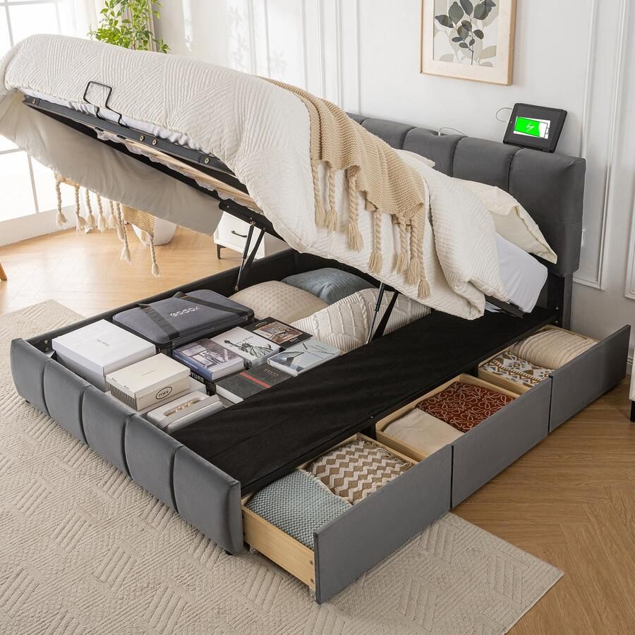 Learnlogic Hydraulisch bekledingbed tweepersoonsbed drie laden verstelbaar hoofdeinde 3 laadverbindingen vierkante schuimkopgedeelte modern bedframe met opbergruimte fluweel grijs 140x200cm