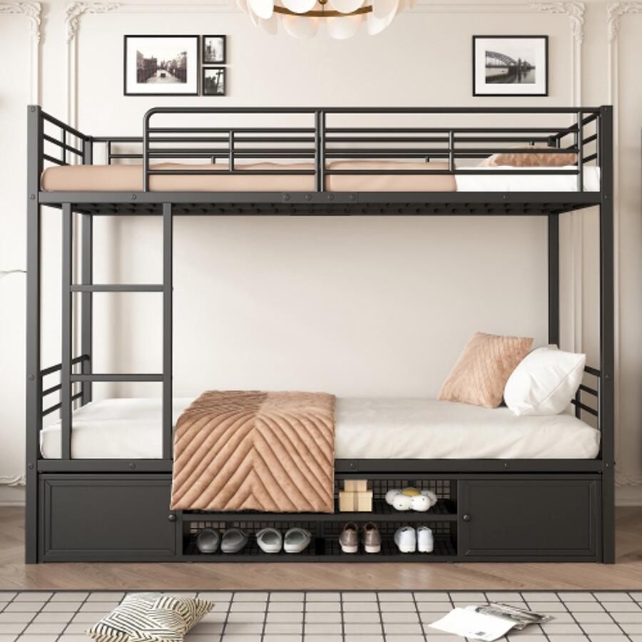 Bed met ijzeren frame stapelbed open schoenenkast kleine opbergkast met dubbele deur geschikt voor kinderen en tieners met zijladder met valbeveiligingsrooster ijzer zwart 90x200cm
