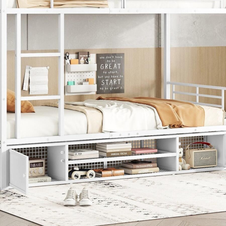 Learnlogic . IJzeren bedstel kinderbed met open schoenenkast dubbele deuren geschikt voor kinderen en tieners met zijladder valbeveiligingsrooster wit 90x200cm