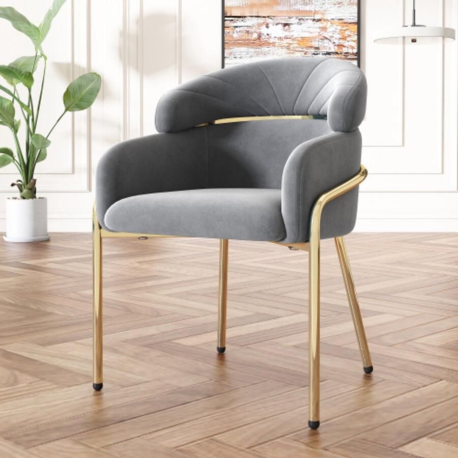 Learnlogic . Individuele eetkamerstoel lichte luxe voor woon- en slaapkamer met vier metalen voeten fluweel grijs