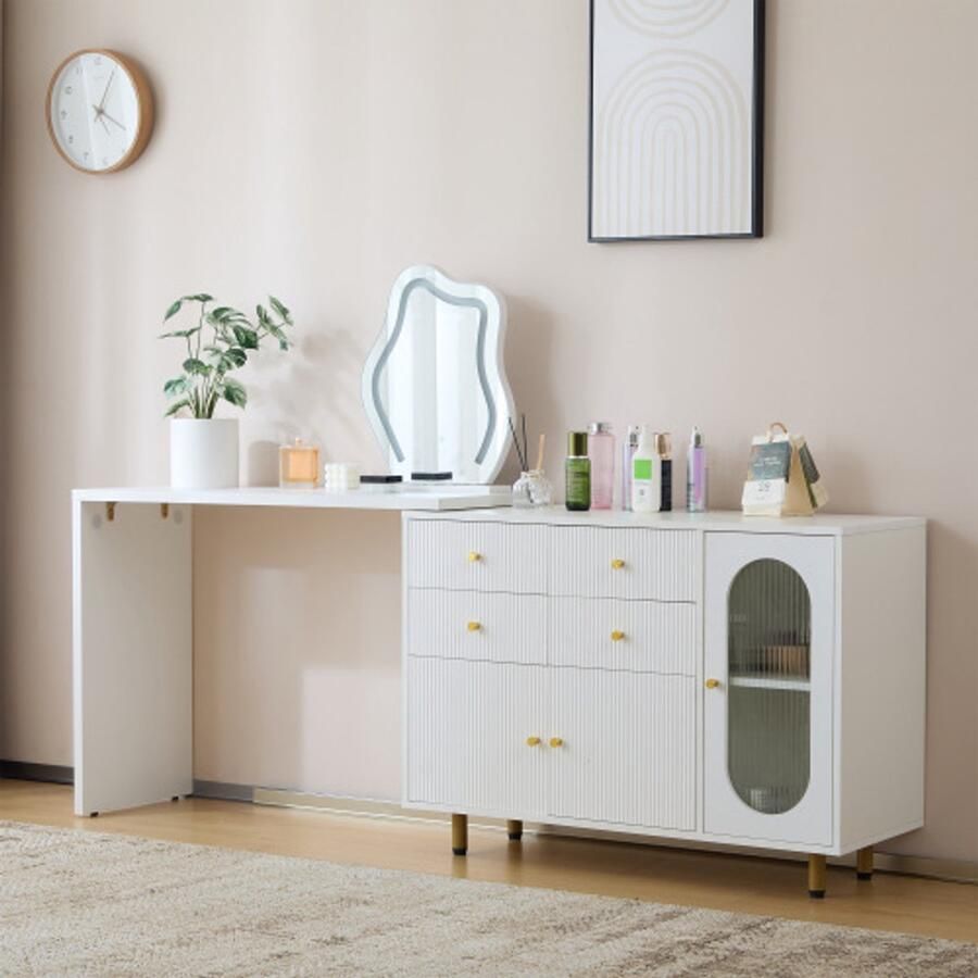 Learnlogic kaptafel cosmeticatafelset met spiegel en verlichting uitschuifbaar tafelblad links-rechts verwisselbaar 3-kleurige LED-verlichting afmetingen: B100 H74 5 D40 cm (zonder kruk)