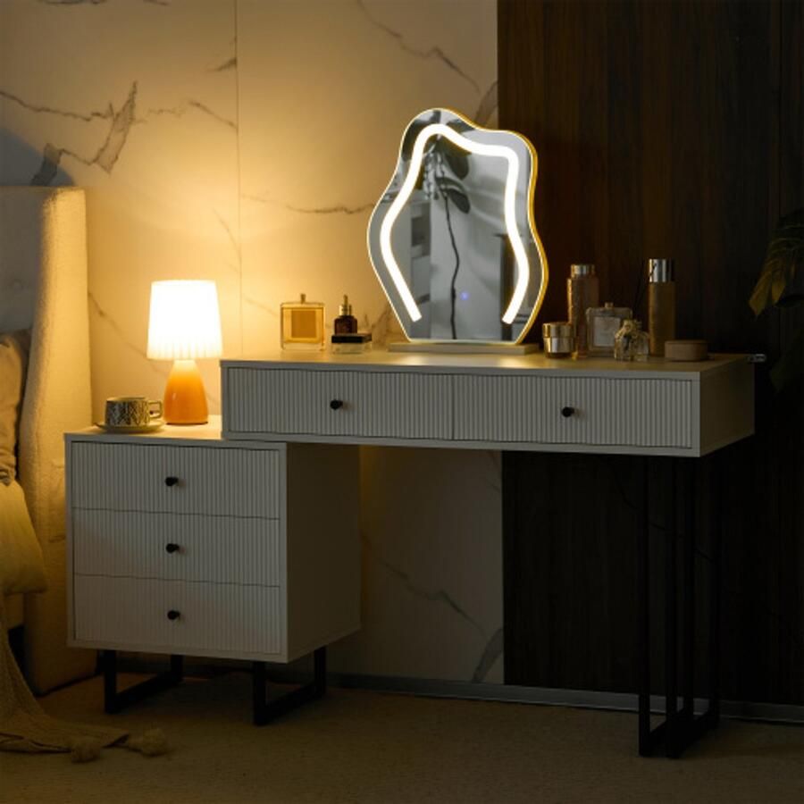Learnlogic kaptafel cosmeticatafelset met spiegel en verlichting uitschuifbaar tafelblad 3-kleurige LED-verlichting afmetingen: B100 H76 D40 cm (zonder kruk)