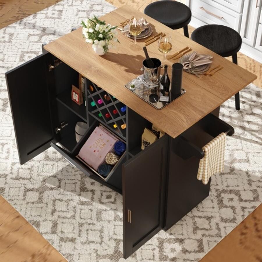 Learnlogic Keukeneiland met uitneembare verdelers keukenkast eetwagen met werkblad buffetkast eetwagen met houtnerf handdoekhouder aan de zijkant met flessenhouder zwart