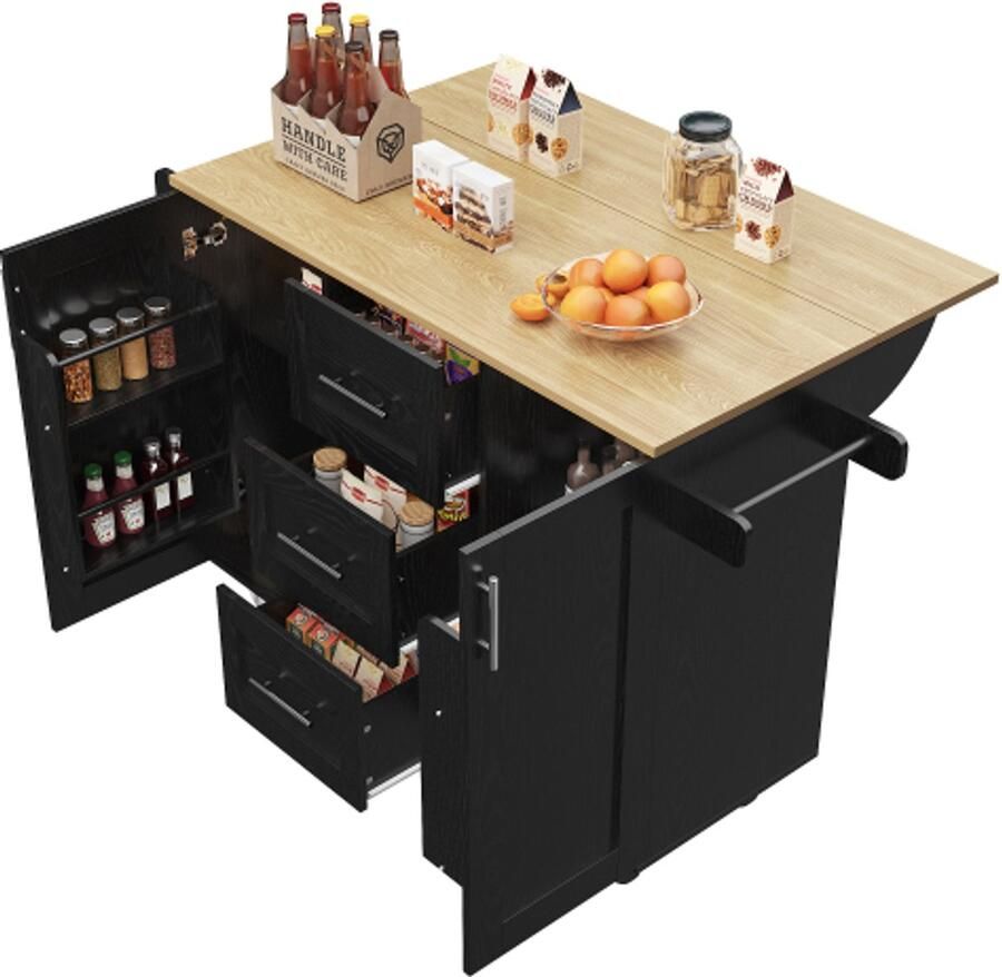 Learnlogic Keukeneiland uitneembare scheidingswanden wielen verwijderbaar als keukenkasten eetwagen met werkbank buffetkast eetwagen met houtnerf handdoekhouder aan de zijkant met wielen zwart