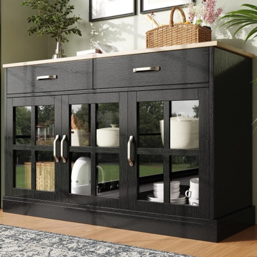 Learnlogic Keukenkast (120×40×84cm) voorraadkast eetkamerkast voor keuken eetkamer en woonkamer modern dressoir zijkast met opbergruimte vintage glazen kastontwerp anti-kantelvoorziening zwart