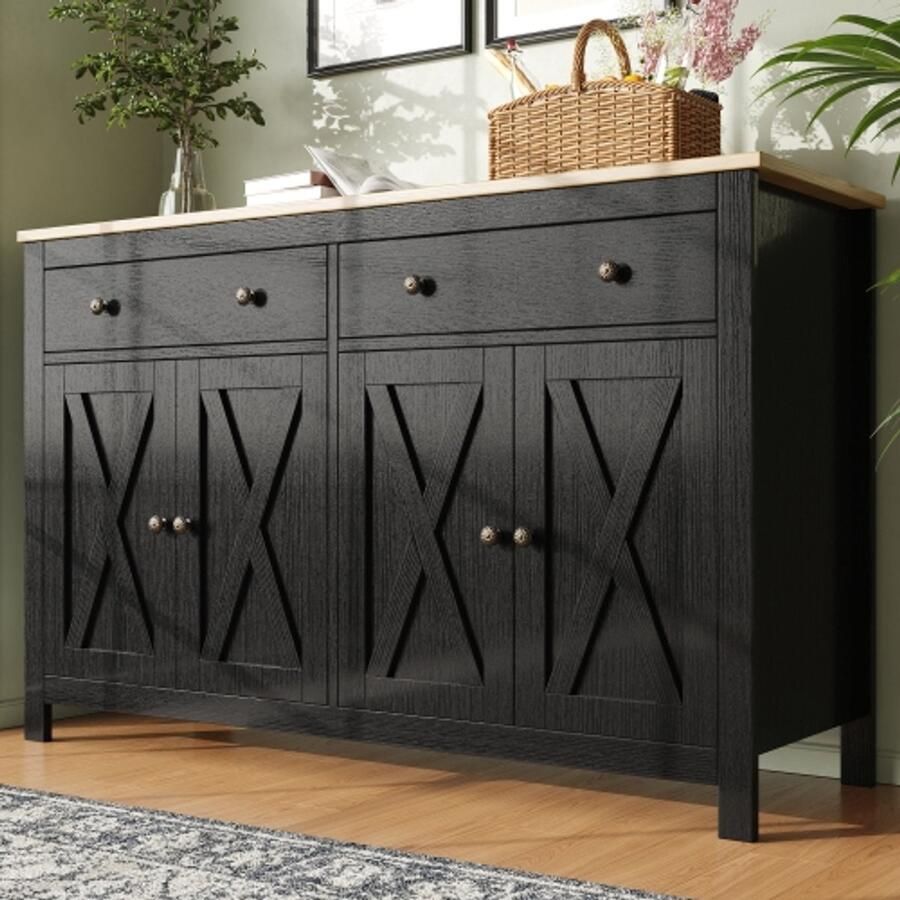 Learnlogic Keukenkast (140×40×89cm) opbergkast buffetkast voor keuken eetkamer en woonkamer modern dressoir zijkast met opbergruimte vintage kruisluikdesign kantelbestendig zwart