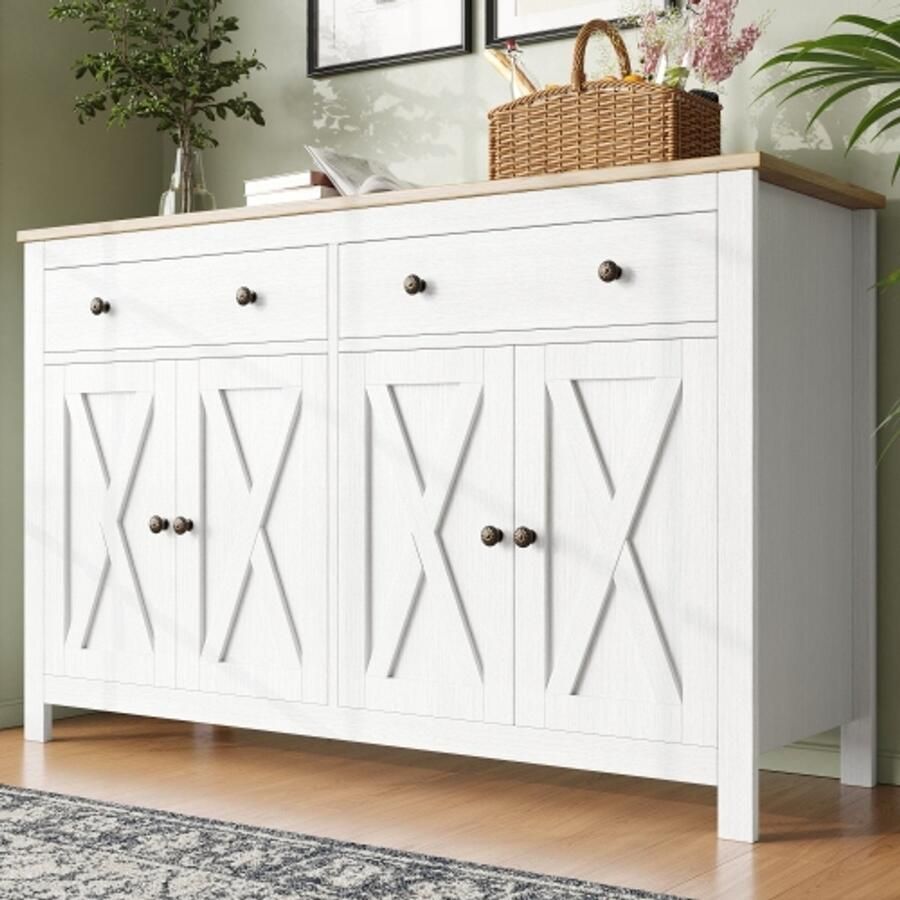 Learnlogic . Keukenkast (140×40×89cm) opbergschrank buffetkast voor keuken eetkamer en woonkamer modern dressoir zijkast met opbergruimte vintage kruisluikdesign kantelbestendig wit