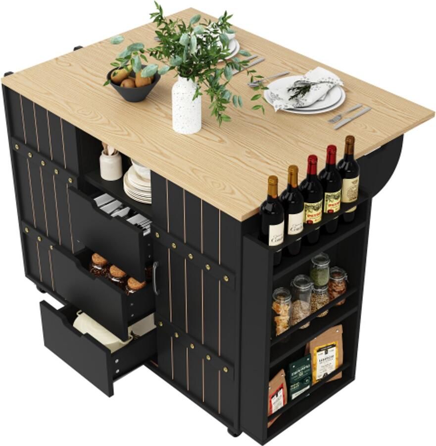 Learnlogic Keukenkast serveerwagen met houtnerf keukenwagen met wielen en werkblad keukenwagen met kruidenrek en handdoekhouder keukeneiland met schuifdeuren en laden zwart