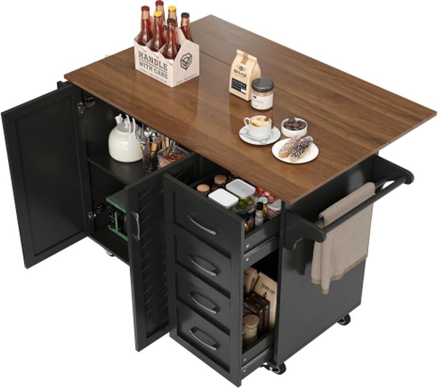 Learnlogic Keukenwagen met diagonaal gestreepte kastdeuren uitneembare eetwagen met handdoekhouder en kruidenrek verstelbare verdelers keukenbuffet tafelblad met houtnerf zwart