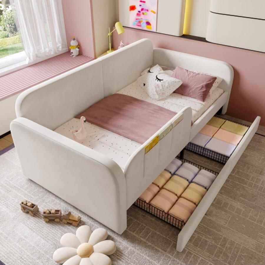 Learnlogic kinder-spleetbed polsterbed dagbed slaapsofa met metalen bedgestel 3 kleine opbergtasjes 2 rollende laden fluweel+MDF+spaanplaat wit 90x200 cm