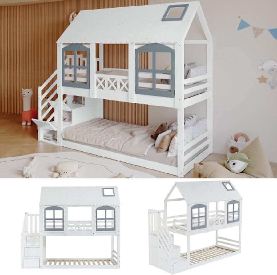 Learnlogic kinderbed etagebed met dak en ramen valbeschermingshek 3 sluitende vakken in trap ruime opbergruimte dennenholen + MDF wit + grijs 90x200cm