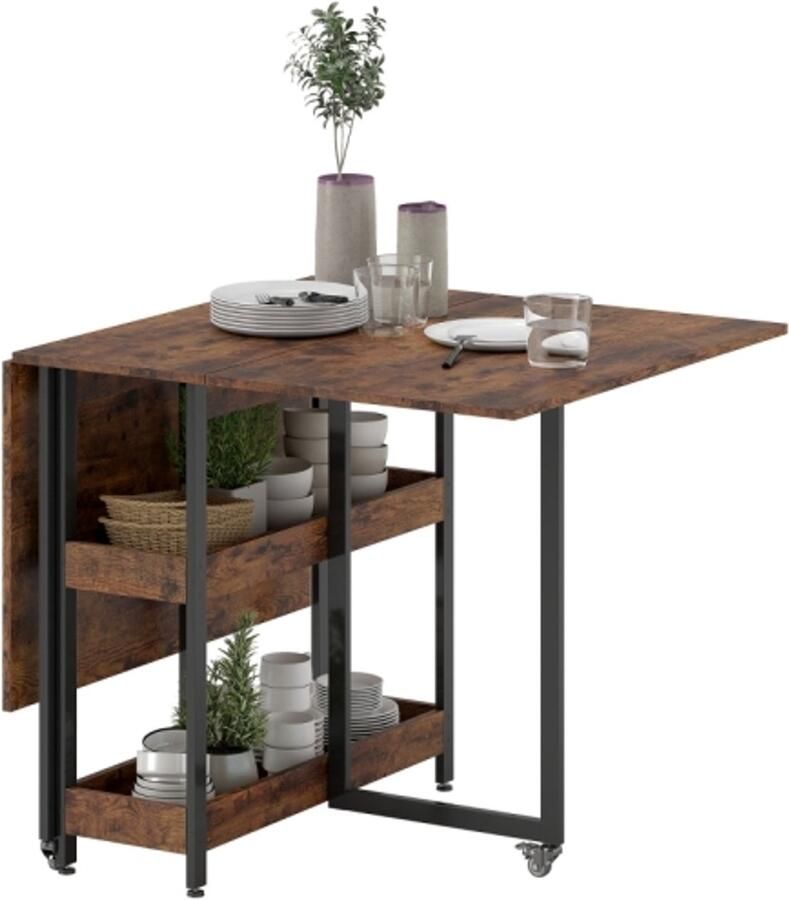 Learnlogic klappbare eettafel keukentafel voor 2-4 personen met 2 open planken mobiele eetkamertafel klappbare tafel voor kleine ruimtes eetkamer keuken 133 4x80x75 cm roestbruin