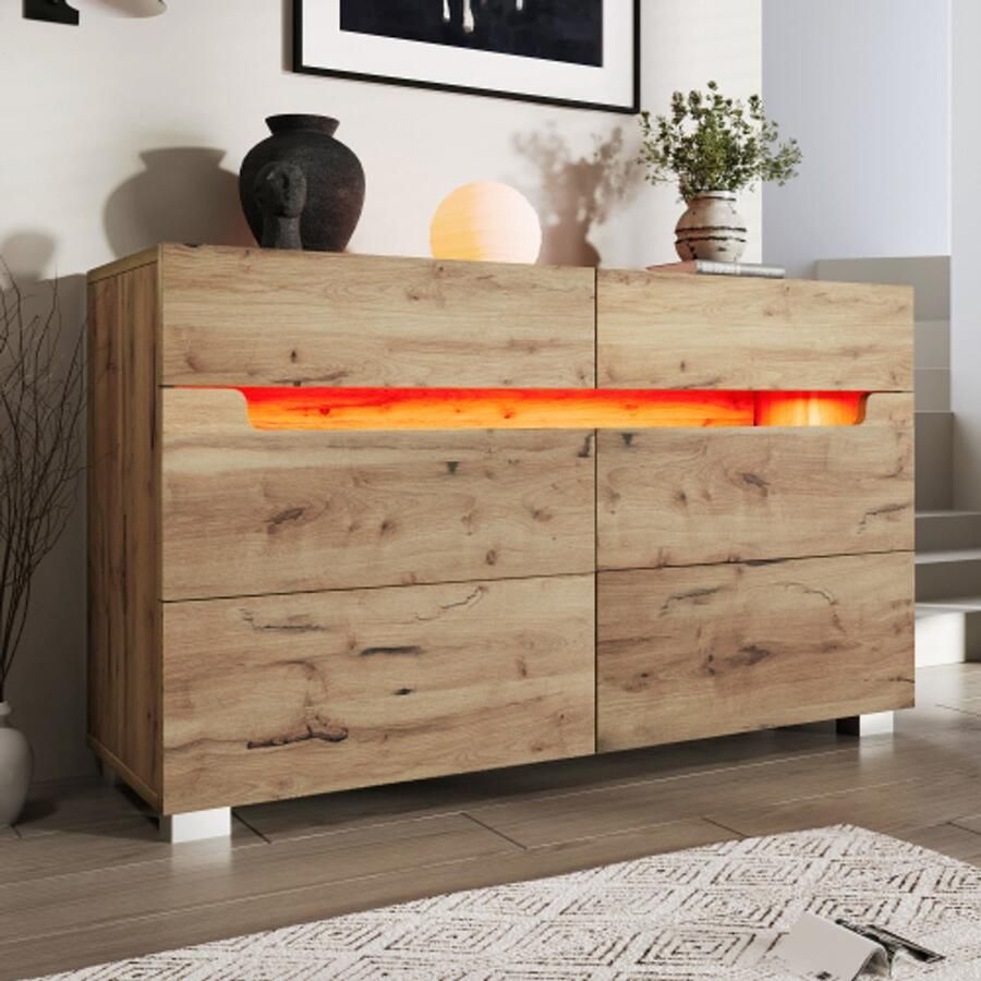 Learnlogic Ladekast dressoir hout met 6 laden LED -verlichting (app -besturings -app) multi -vurige kast voor woonkamer en slaapkamer 71 x 120 x 40 cm eiken