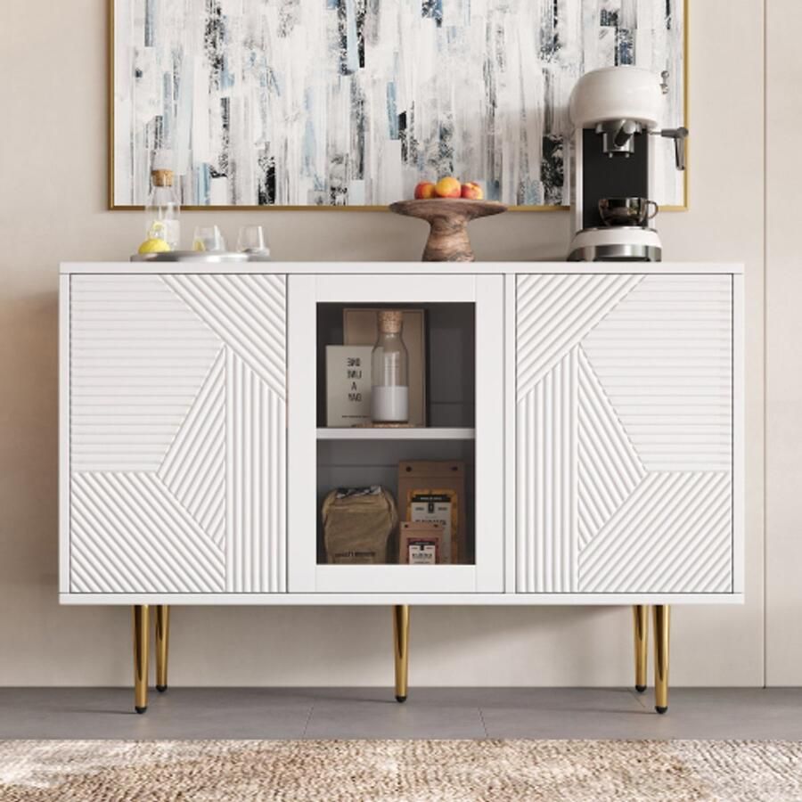 Learnlogic Ladekast met 3 deuren met metalen voeten en glazen deuren wit afmetingen: 120 x 38 x 79 5 cm