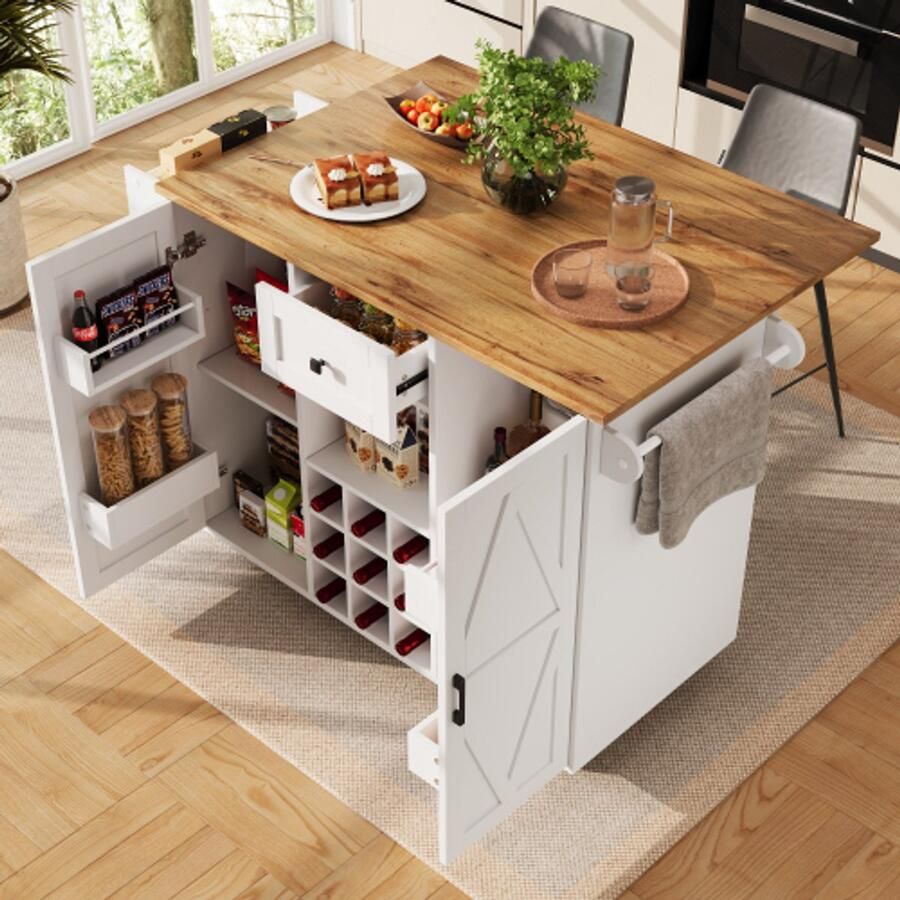Learnlogic Modern keukeneiland keukenkast bufferkast eetwagen met houten graan buffet multifunctionele eettafel met opbergruimte eetwagen met snacks en stretchfunctiekasten
