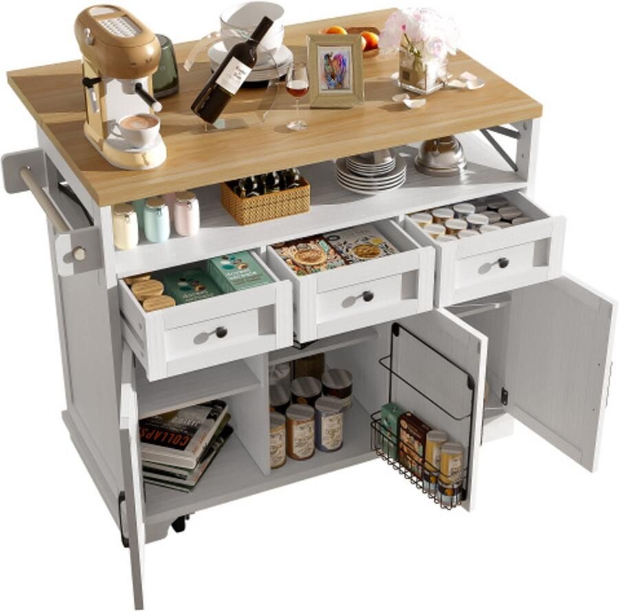 Learnlogic Modern keukeneiland keukenkastje eetkastje met houten korrel etende auto's op broodjes met multifunctionele opbergruimte verwijderbare scheidingswanden met een handdoekhouder wit