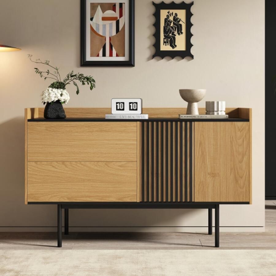 Learnlogic Modern minimalistisch dressoir met 2 laden en verstelbare plank ideaal voor woonkamer en eetkamer (natuurlijk hout+zwart)