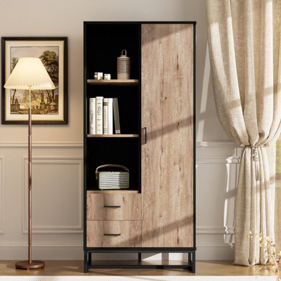 Learnlogic Moderne hoogbord kast 80x40x180 cm houten look met een zwart frame met deur 2 laden en 3 open compartimenten veelzijdige opslagruimte voor woonkamer kantoor en gang