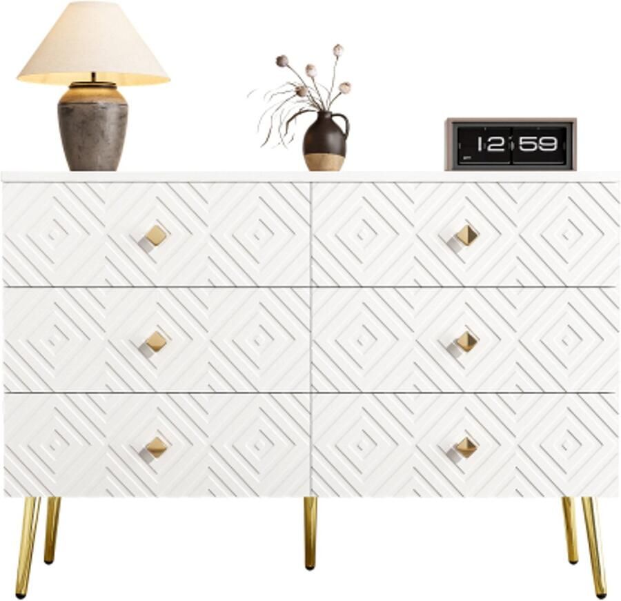 Learnlogic Moderne ladekast met 6 laden – 120x40x80cm – Elegant wit met goud – Perfect voor slaapkamer en woonkamer