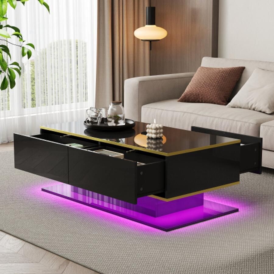 Learnlogic moderne LED-salontafel met hoogglanzende oppervlakte gouden versiering drie laden en een open vak met kleurveranderend LED-lichtstrip