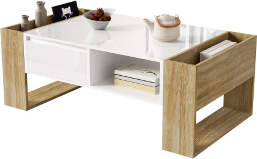 Learnlogic . Moderne salontafel 105 x 60 x 40 cm gedeeltelijk glanzend met laden en open vakken