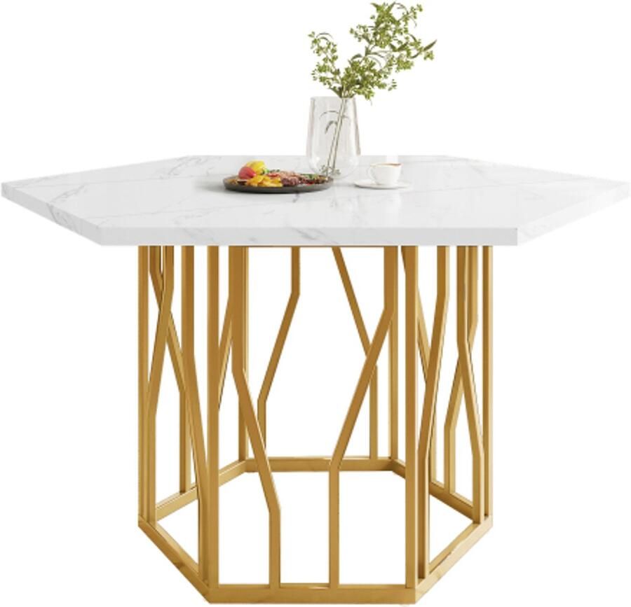 Learnlogic moderne zeshoekige marmer-eettafel metaalachtige takgestelling eenvoudige esthetische salontafel geschikt voor eetkamer en woonkamer goud