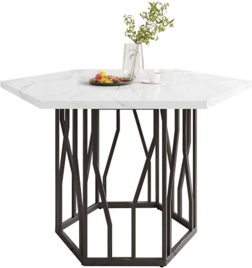 Learnlogic moderne zeshoekige marmer-eettafel zwarte metaalachtige takgestelling eenvoudige esthetische salontafel geschikt voor eetkamer en woonkamer