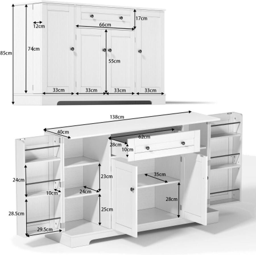 Learnlogic multifunctioneel keukenbuffet 138 cm sideboard met la plankdeuren & verstelbare inlegplaten modern design met kantelscherm geschikt voor keuken woonkamer & slaapkamer