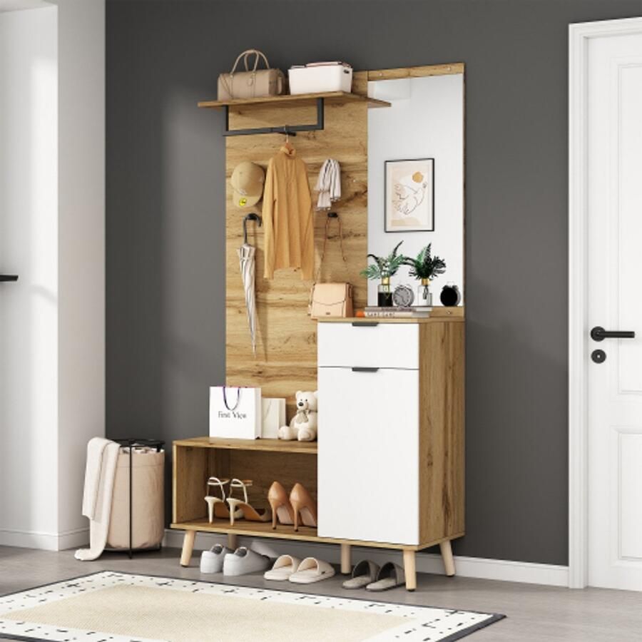 Learnlogic Multifunctionele 190 cm hoge houten kledingkastset met spiegel schoenenbank schoenenkast lade plank en kledinghaken Modern design met hydraulische scharnieren en praktische opbergruimte