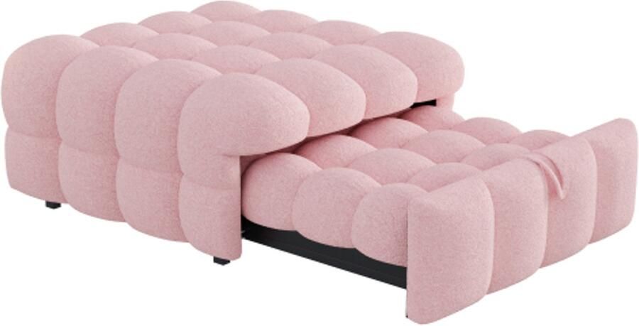 Learnlogic polsterbed 2-in-1 voetbank uitrekbaar slaapsofa eenpersoonsbed puffy-bed teddy stof roze