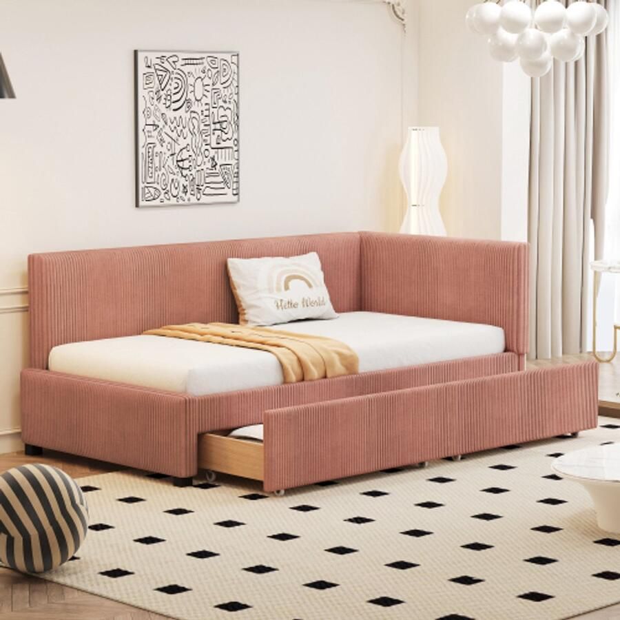 Learnlogic polsterbed slaapsofa 90x200 multifunctioneel bed met 2 grote opbergladen en latmatras huidvriendelijk fluweel roze