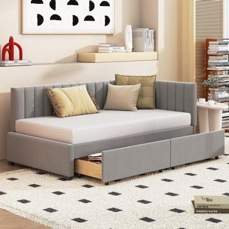 Learnlogic polsterbed slaapsofa 90x200 multifunctioneel bed met 2 grote opbergladen en latmatras huidvriendelijk fluweel grijs