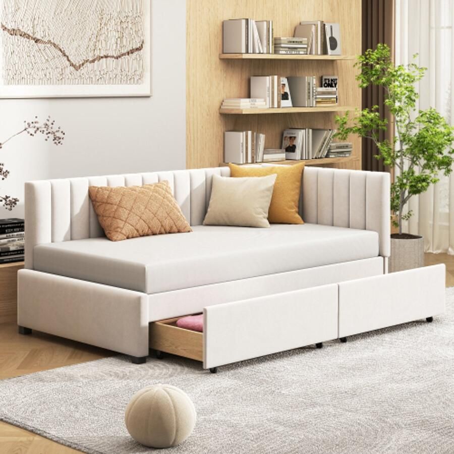 Learnlogic polsterbed slaapsofa 90x200 multifunctioneel bed met 2 grote opbergladen en latmatras huidvriendelijk fluweel beige