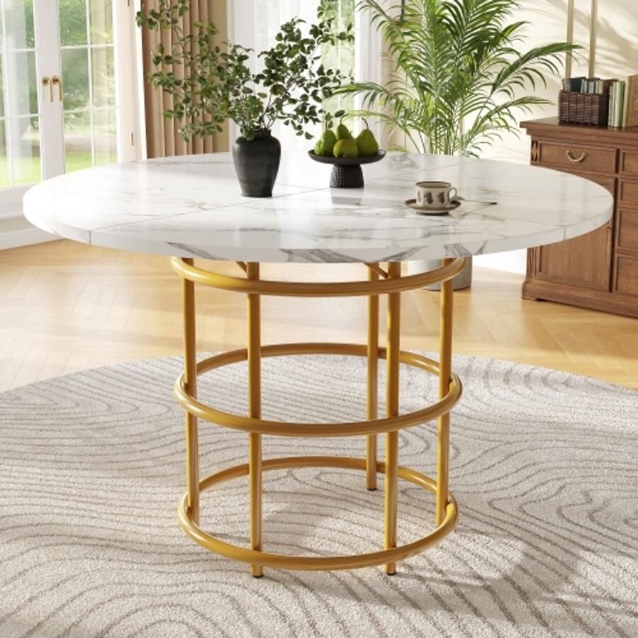 Learnlogic Ronde eettafel (100×100×76cm) keukentafel ronde salontafel voor 4-6 personen geschikt voor eetkamer woonkamer metalen tafelpoten ringtafelpoten tafelblad van gemarmerd MDF met gouden poten