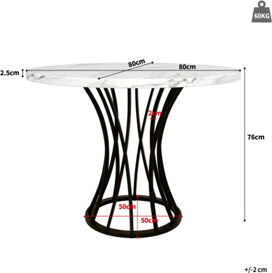 Learnlogic Ronde eettafel (80 x 80 x 76 cm) lichte en luxe ronde tafel voor 4-6 personen geschikt voor eetkamers en woonkamers MDF gemarmerd tafelblad zwarte poten