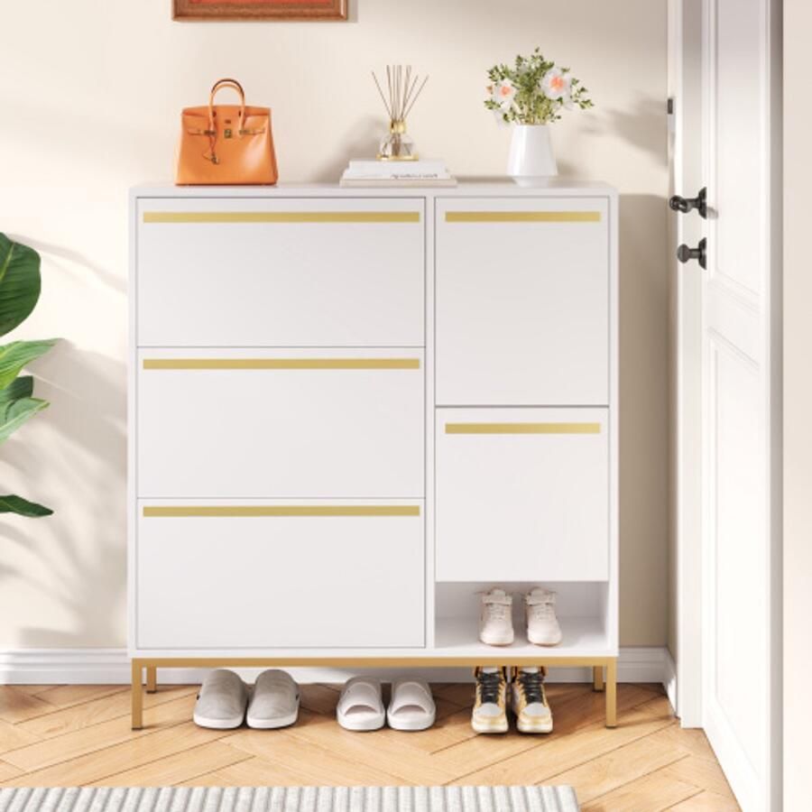 Learnlogic schoenenkast met schoenwisselbankje driedubbelklapbaar schoenenrek en open opbergruimte glanzende oppervlakte geschikt voor gangen en slaapkamers