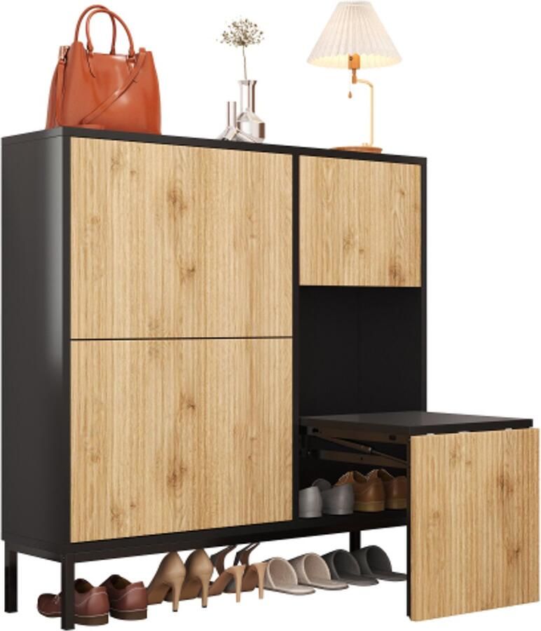 Learnlogic schoenenkast met schoenwisselbankje schoenenrek met drie klapdeuren en open opbergruimte geschikt voor gang en slaapkamer