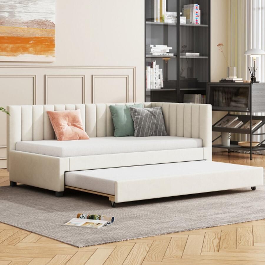 Learnlogic slaapsofa 90x200 cm uitrekbaar slaapsofa multifunctioneel bed met latmatras jeugdbed kinderbed gastbed beige fluweel